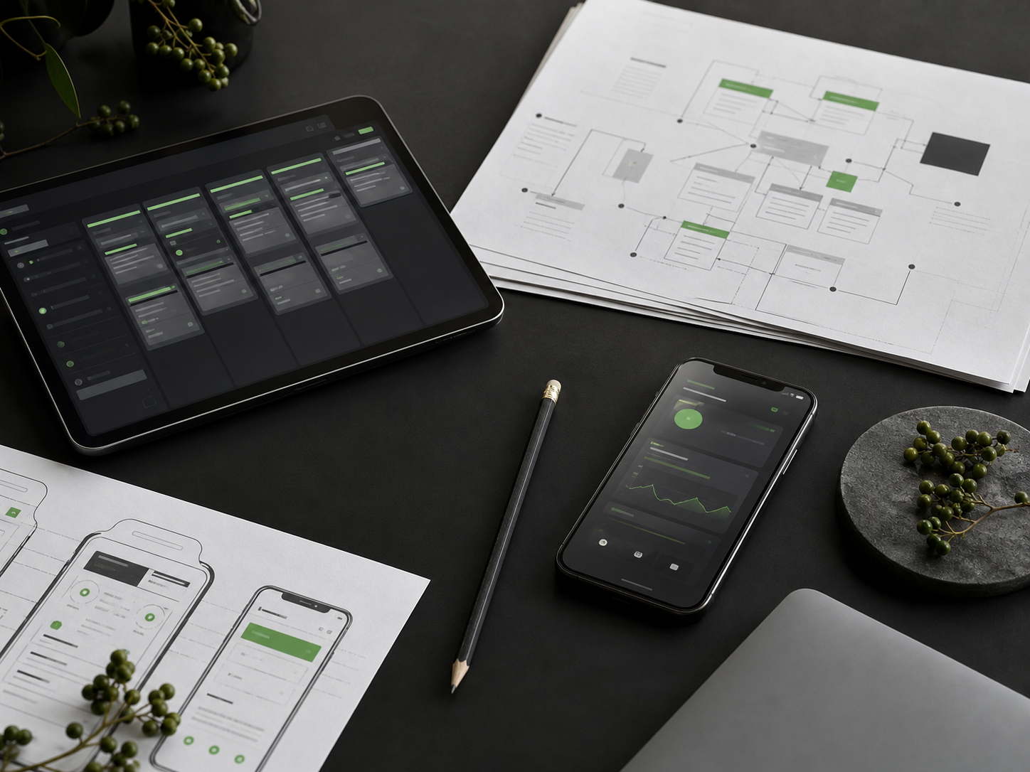 A software planning workspace with architecture diagrams and device prototypes