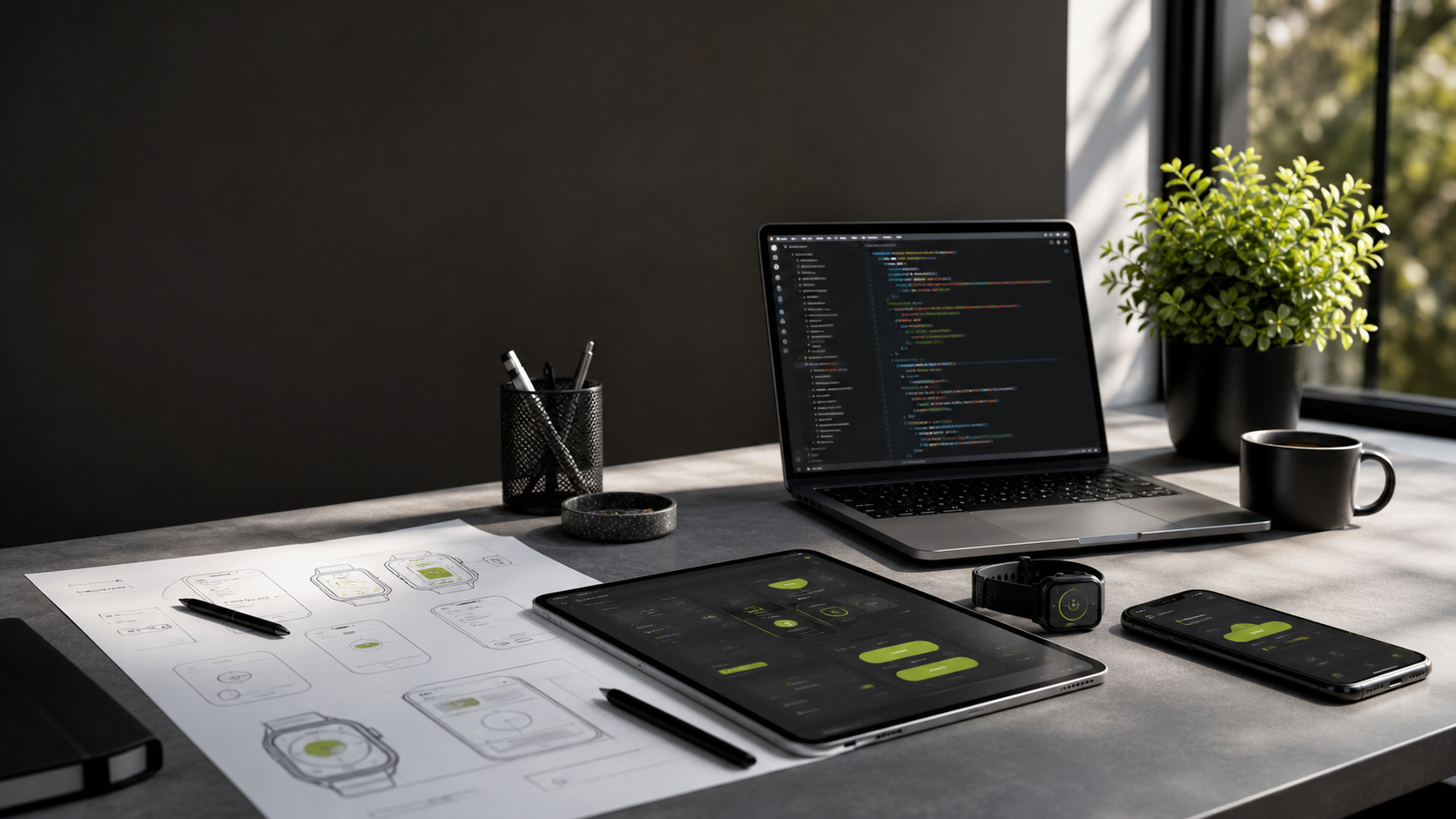 A refined software studio workspace with device prototypes and development tools
